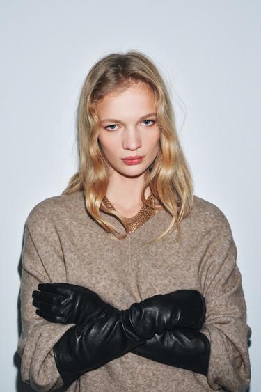 Zara 100% 真皮長手套 - 黑色