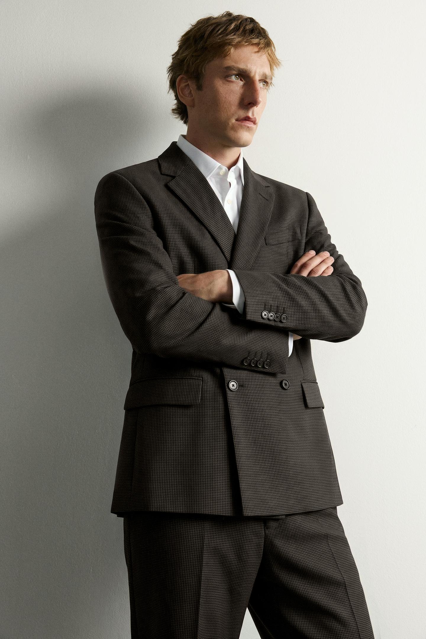 Мужской пиджак Zara Wool-Blend Houndstooth Double-Breasted Suit Blazer, цвет: Чёрный / Коричневый — фото 5