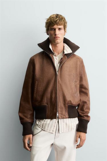 Zara REGULAR FIT LEATHER JACKET - Toffee