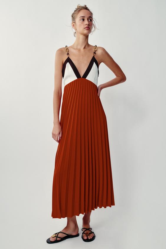 zara pleated midi dress Woman Gray V-Neck Zara Pleated Sleeve Midi Dress