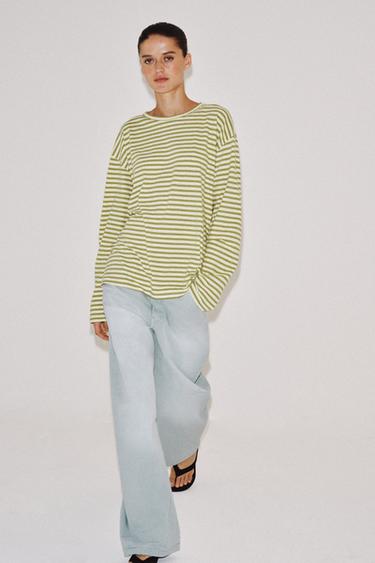 Zara COTTON AND LINEN STRIPED T-SHIRT - Beige / Taupe brown - Image 0