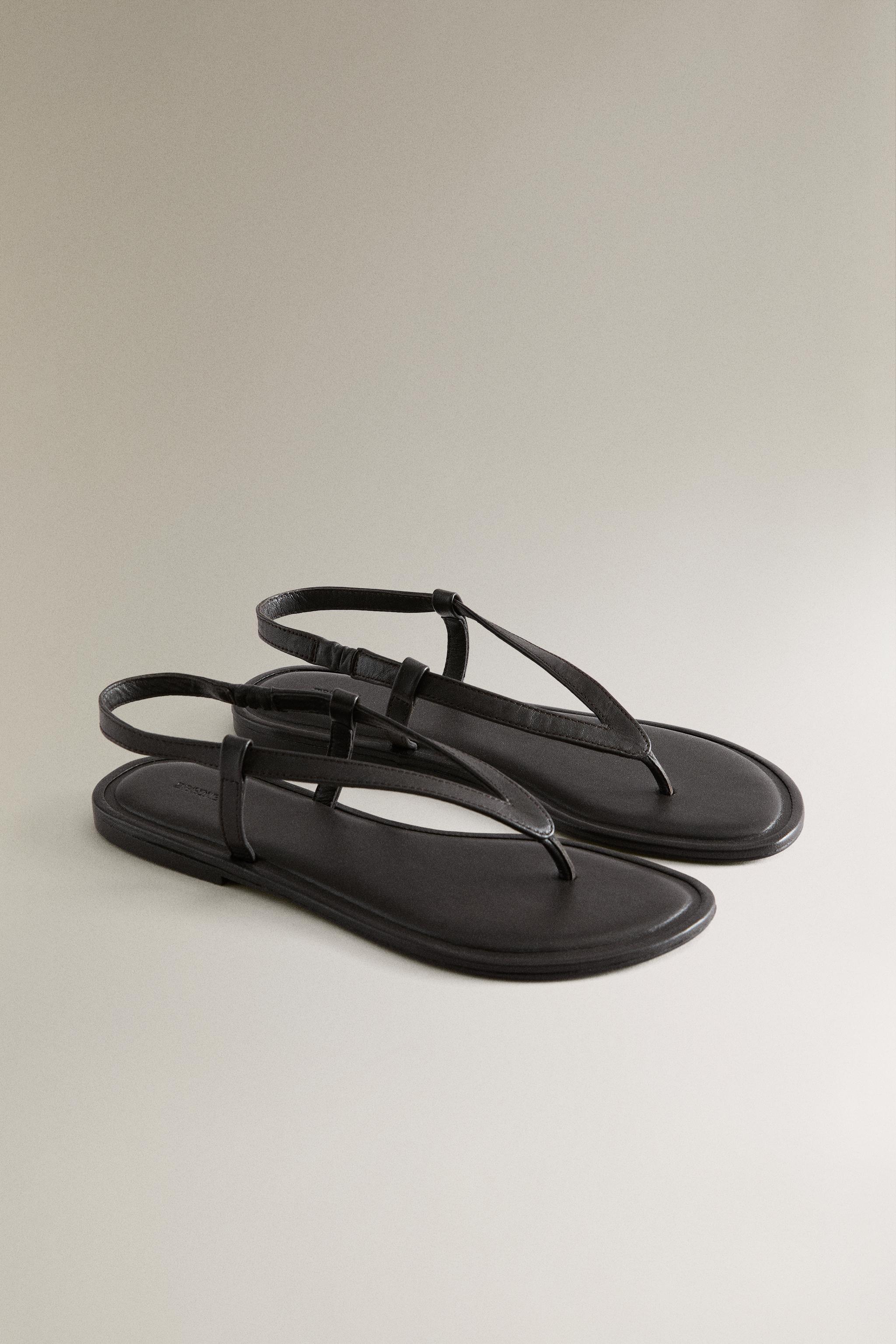 FLAT LEATHER SANDALS — Brown