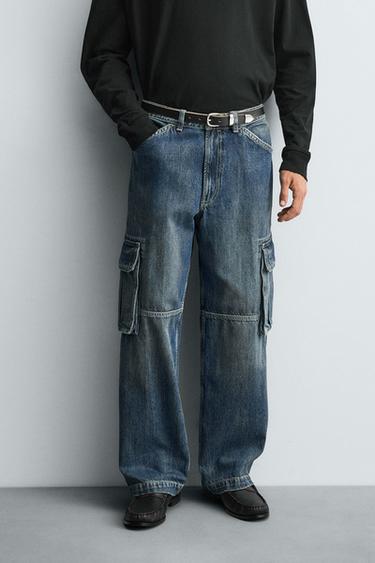 Zara STRAIGHT FIT CARGO JEANS - Mid-blue