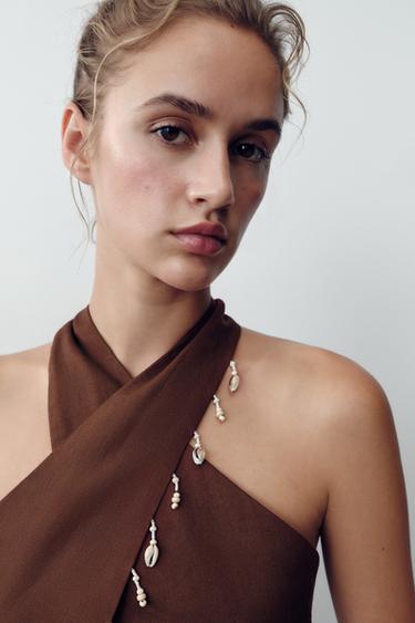 SHELL DETAIL LINEN BLEND HALTER TOP - Terracotta by Zara
