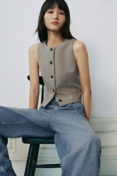 CHECK GILET - Beige / Navy by Zara