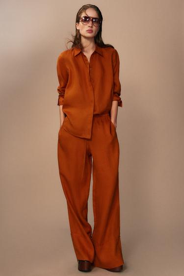 PANTALÓN PALAZZO LINO 100% ZW COLLECTION - Naranja oscuro de Zara