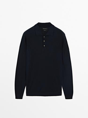 Zara 100% merino wool knit sweater with polo collar - Navy blue - Image 0