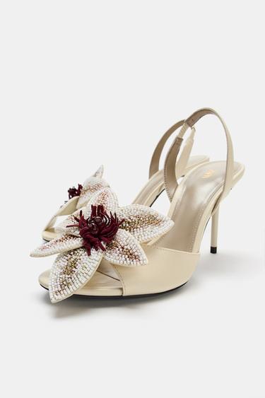 HEELED SANDALS WITH FLORAL DETAIL - Ecru White by Zara - Image 1