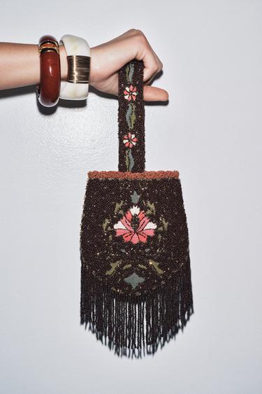 BEADED FRINGED HANDBAG - Brown by Zara - Image 1