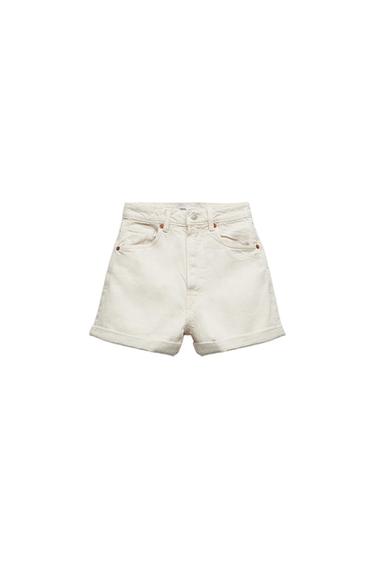High-waisted ecru denim shorts with five pockets, belt loops and a turn-up hem, on a white background.