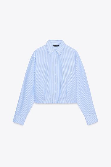 Zara CROPPED STRIPED OXFORD SHIRT WITH WAIST PLEATS - Ecru / Blue