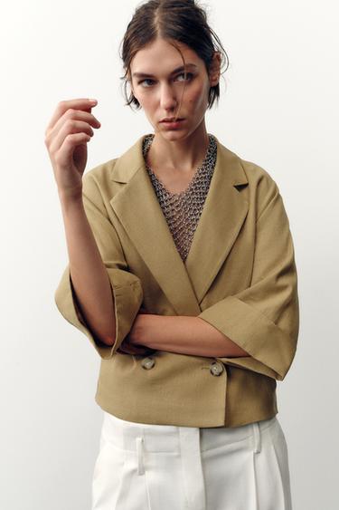 BLAZER CORTA CRUZADA CON LINO - Aceite de Zara