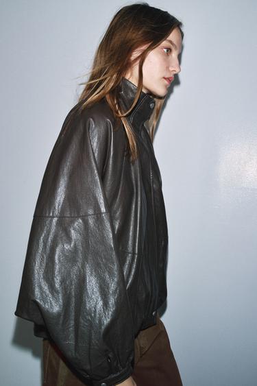 ZW COLLECTION LEATHER EFFECT BOMBER JACKET - Taupe grey by Zara - Image 4