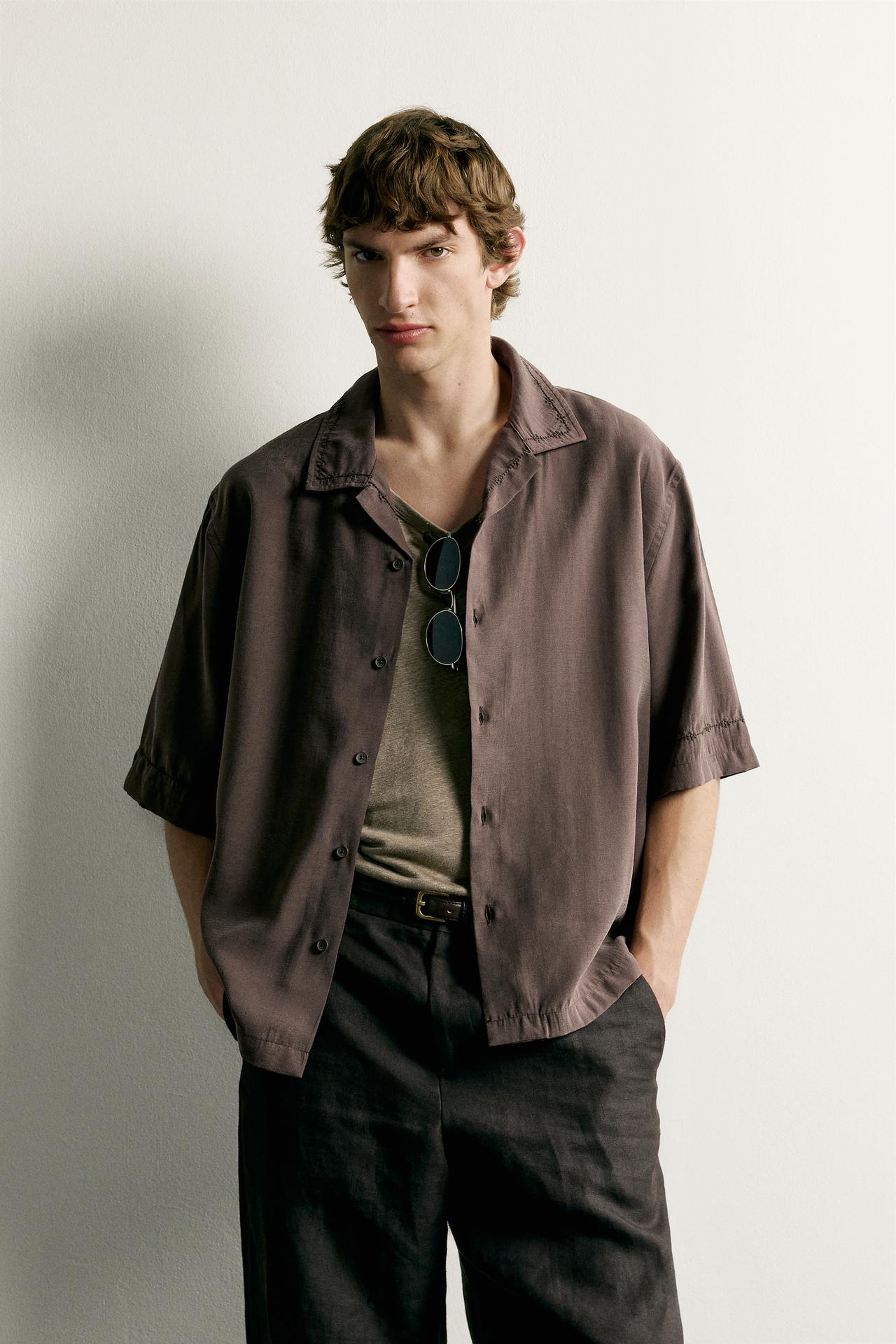 EMBROIDERED RELAXED-FIT SHIRT — Brown