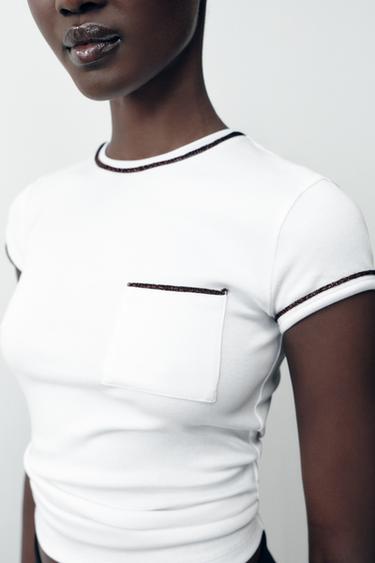 T-SHIRT WITH METALLIC THREAD TRIM - White by Zara - Image 2
