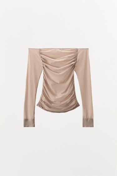 COLD-SHOULDER HOSIERY TOP - Beige-pink by Zara - Image 3