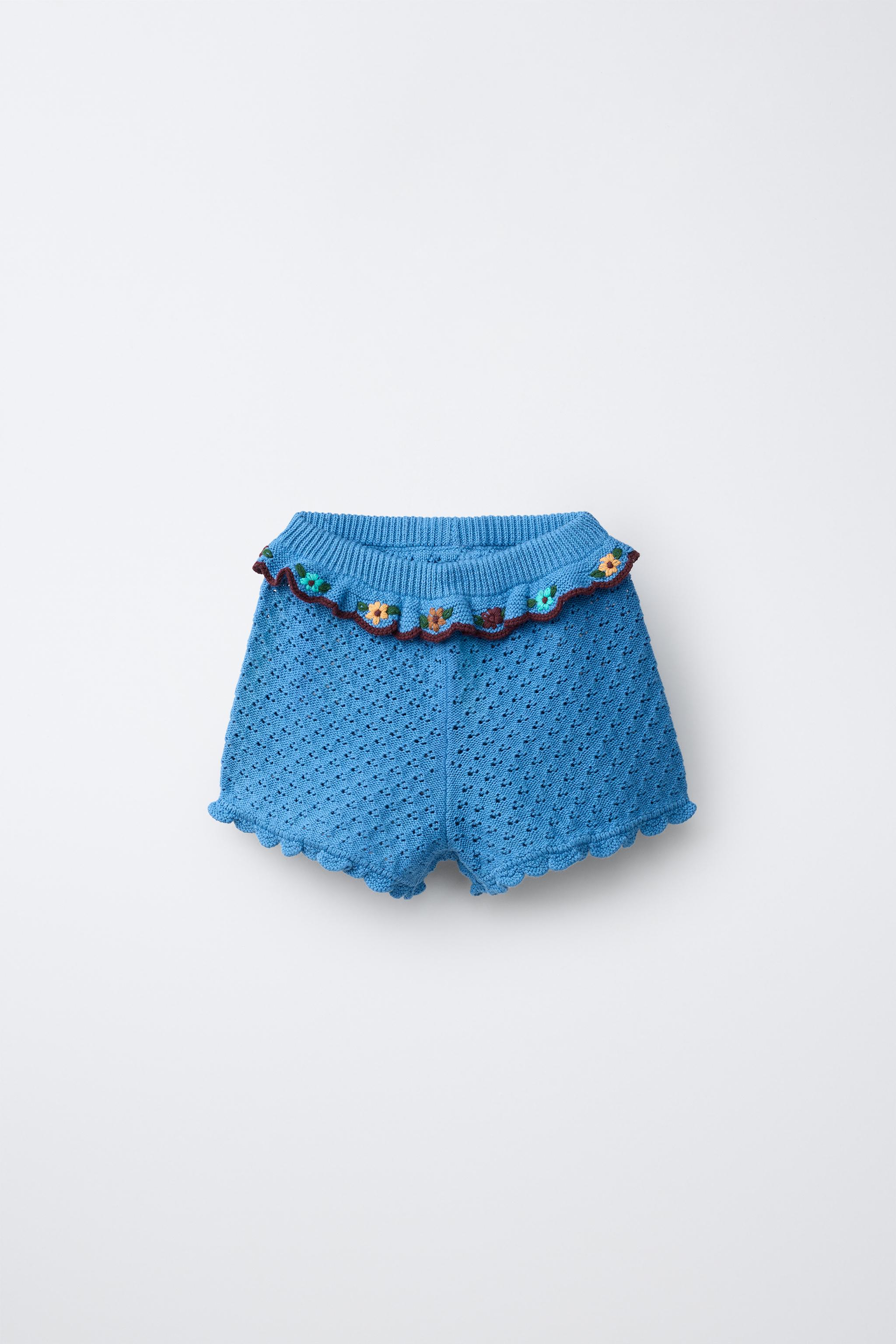 COTTON-LINEN KNIT SHORTS WITH RUFFLES AND EMBROIDERY — Bluish