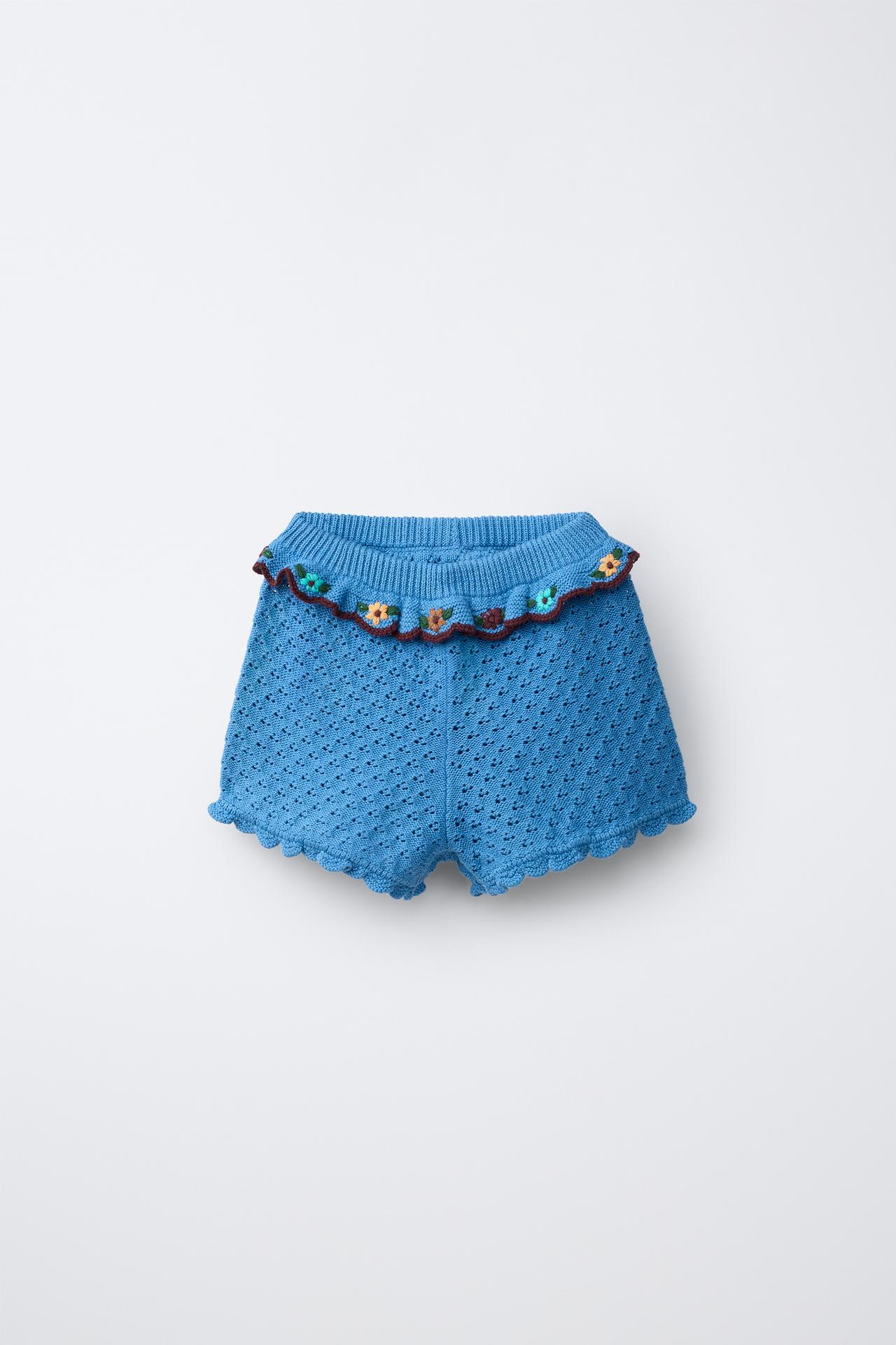 COTTON-LINEN KNIT SHORTS WITH RUFFLES AND EMBROIDERY — Bluish