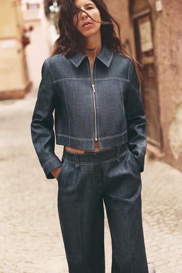 VESTE COURTE SURPIQÛRES CONTRASTE - Indigo de Zara - Image 1