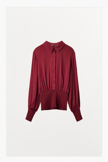 KEMEJA SATIN RIB - Merah marun dari Zara