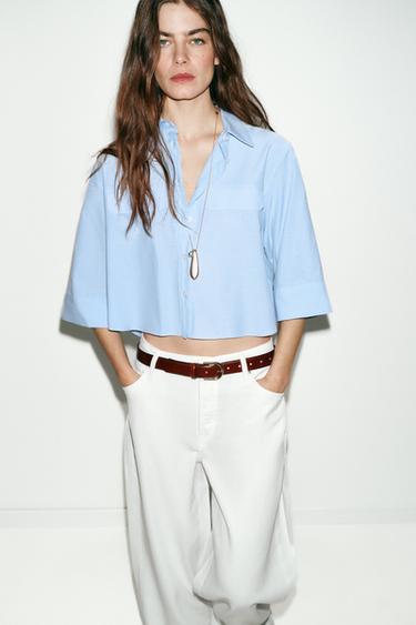 SHORT SHIRT WITH STRIPED FLAPS - White / Sky blue by Zara - Image 3