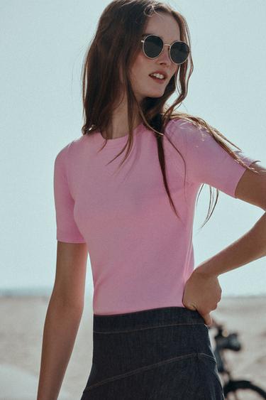 BASIC PLAIN KNIT SHORT SLEEVE TOP - Mid-pink by Zara