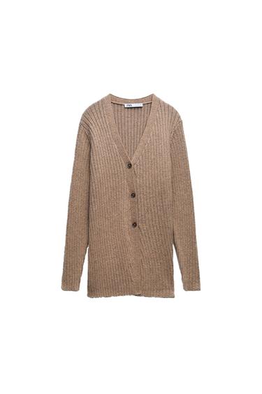 DIAGONAL PLACKET RIBBED KNIT CARDIGAN