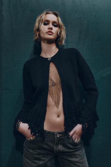 CASACO DE MALHA COM FRONHAS - Preto da Zara