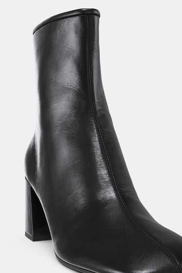 Zara 真皮粗跟踝靴 - 黑色 - 圖片 0