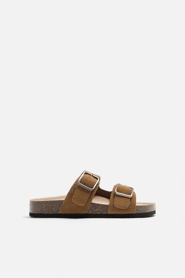DOUBLE BUCKLE LEATHER SANDALS - Cognac Brown by Zara