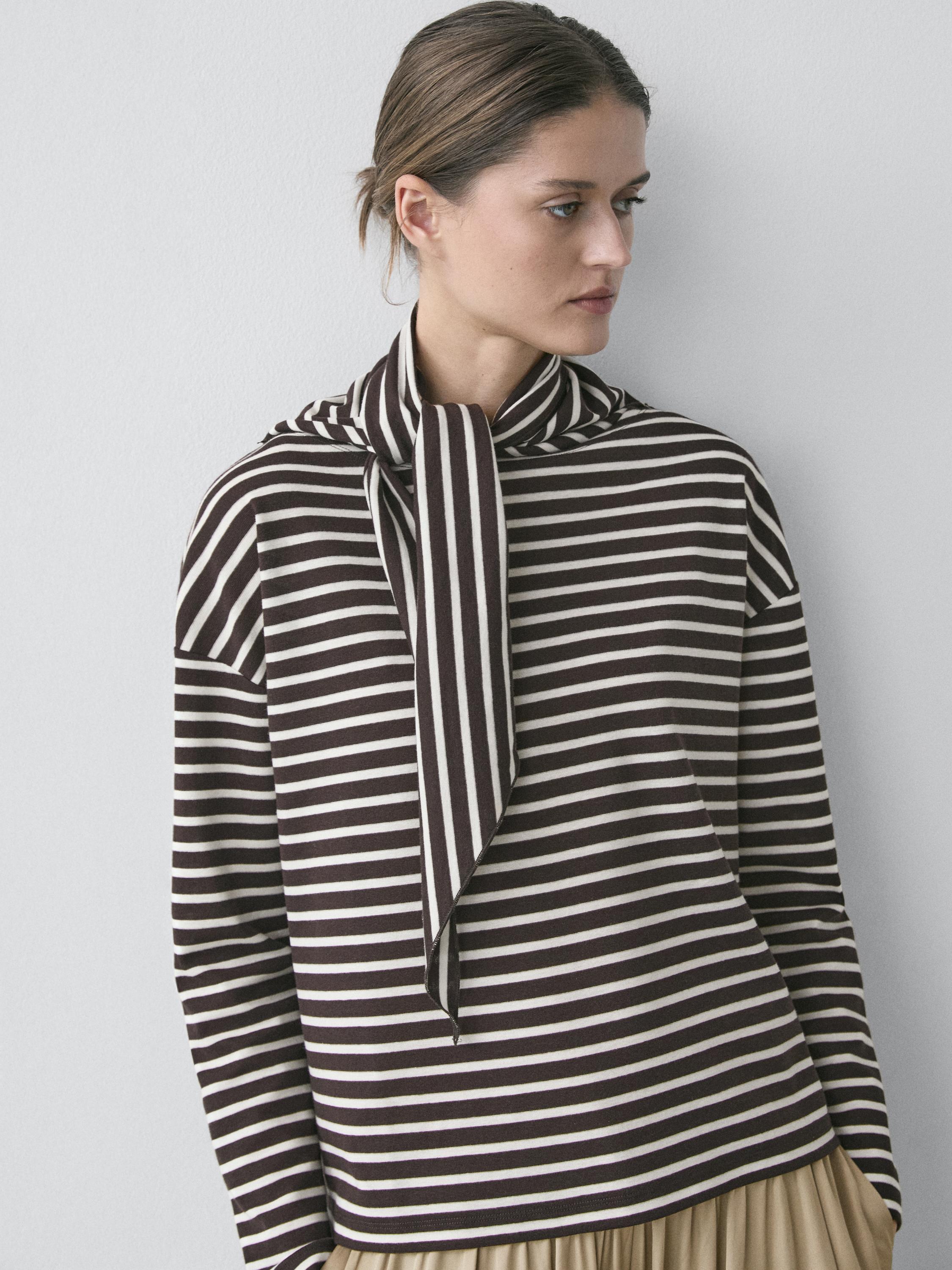 Cotton blend striped T-shirt with scarf detail