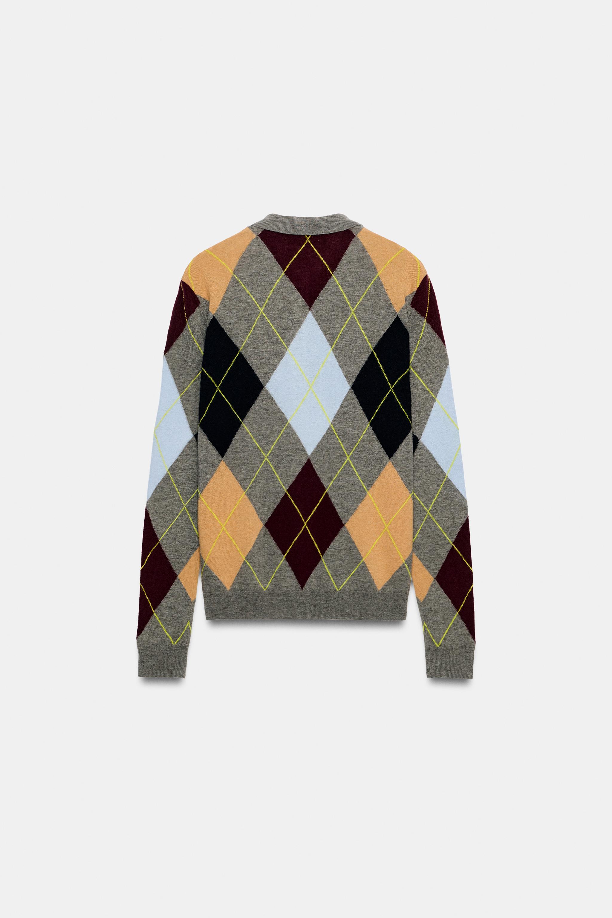 Zara 100% WOOL ARGYLE POLO SWEATER — фото 5