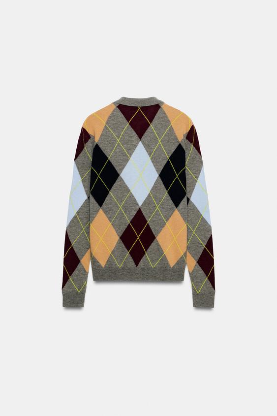 100% WOOL ARGYLE POLO JUMPER - Multicoloured by Zara - Image 4