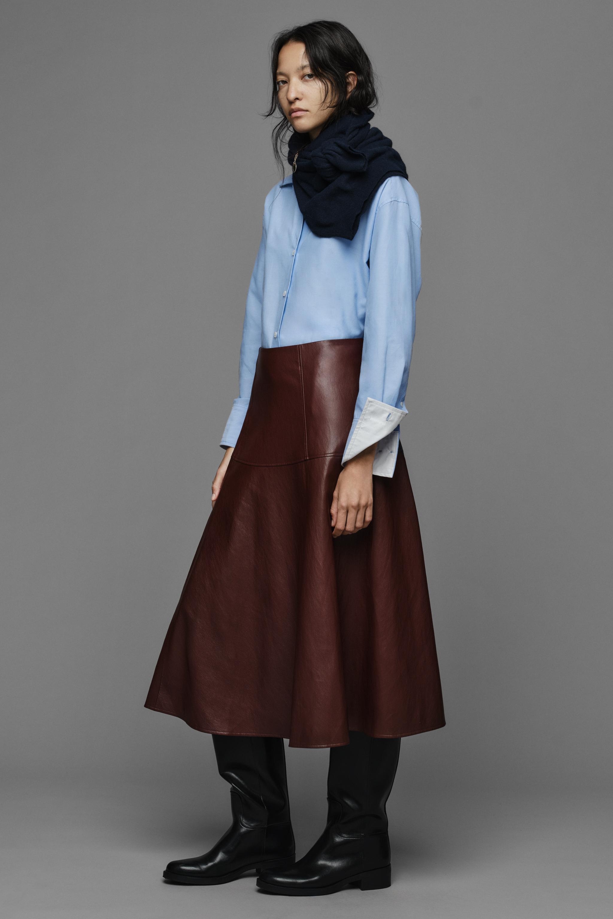 Zara SUNİ DERİ KATLI MİDİ ETEK görsel 6