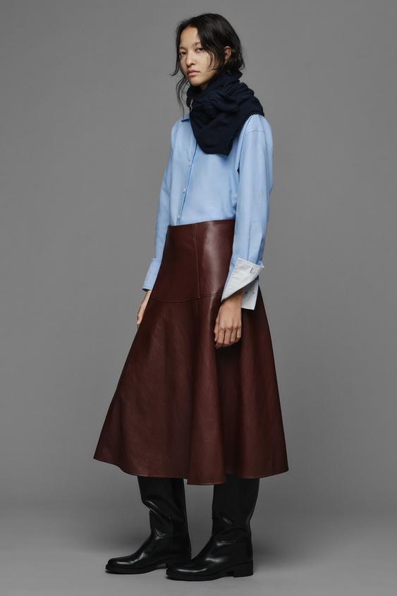 Zara 人造皮革效果層次中長裙 - 勃艮第酒紅色 - 圖片 0