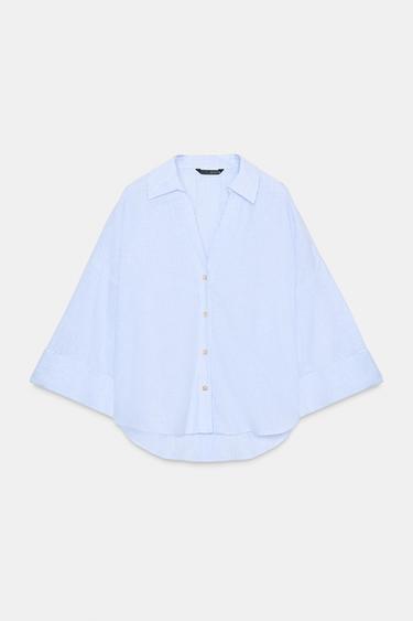Zara STRIPED LINEN SHIRT - Blue / White