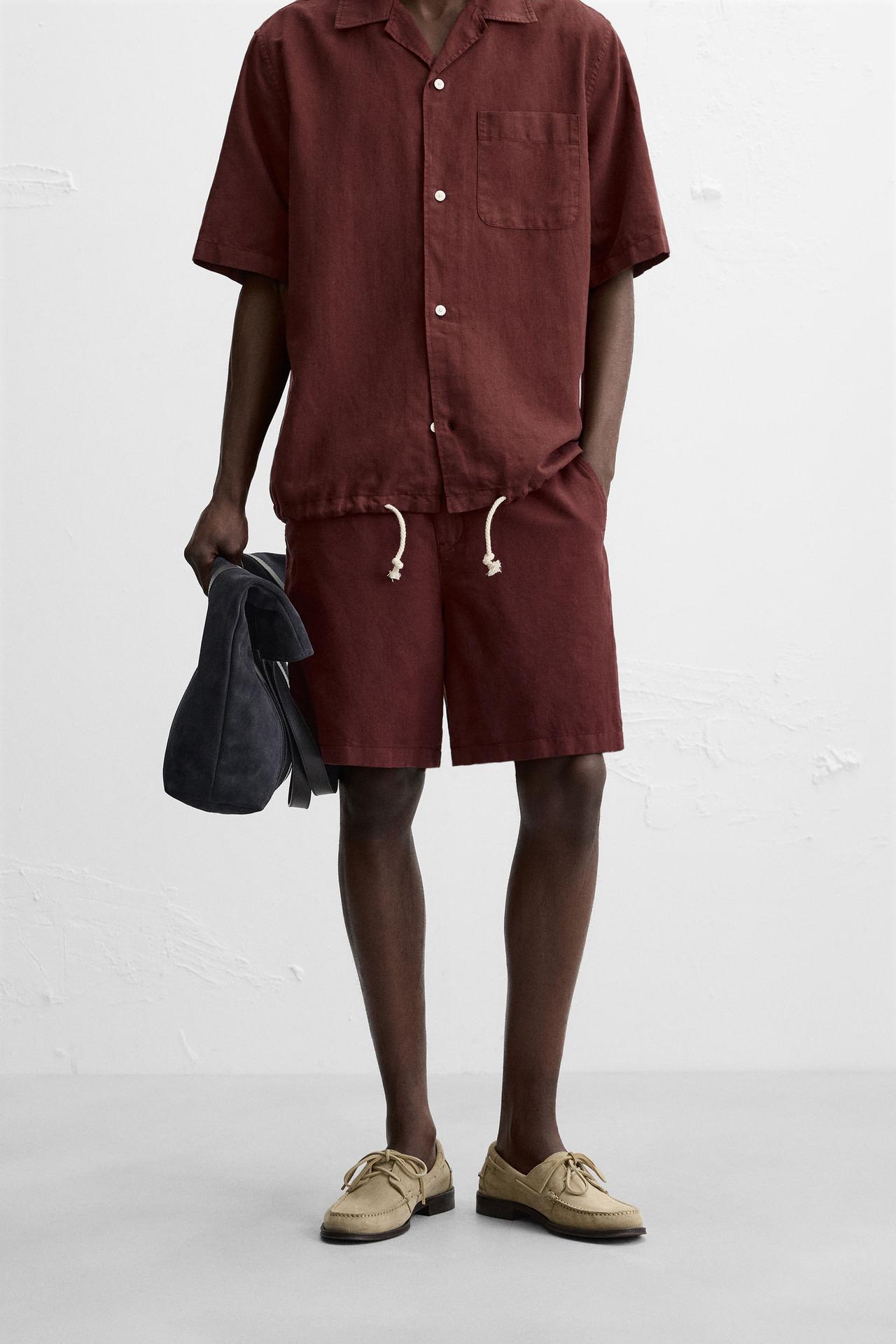 LINEN/COTTON BERMUDA SHORTS - Burgundy by Zara