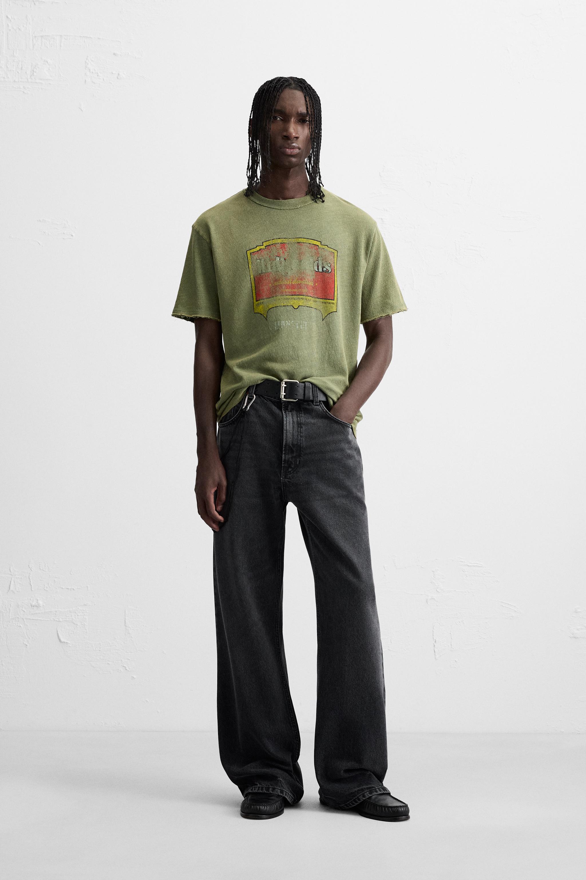 ウォッシュ加工プリントニットTシャツ - グリーン | ZARA Japan