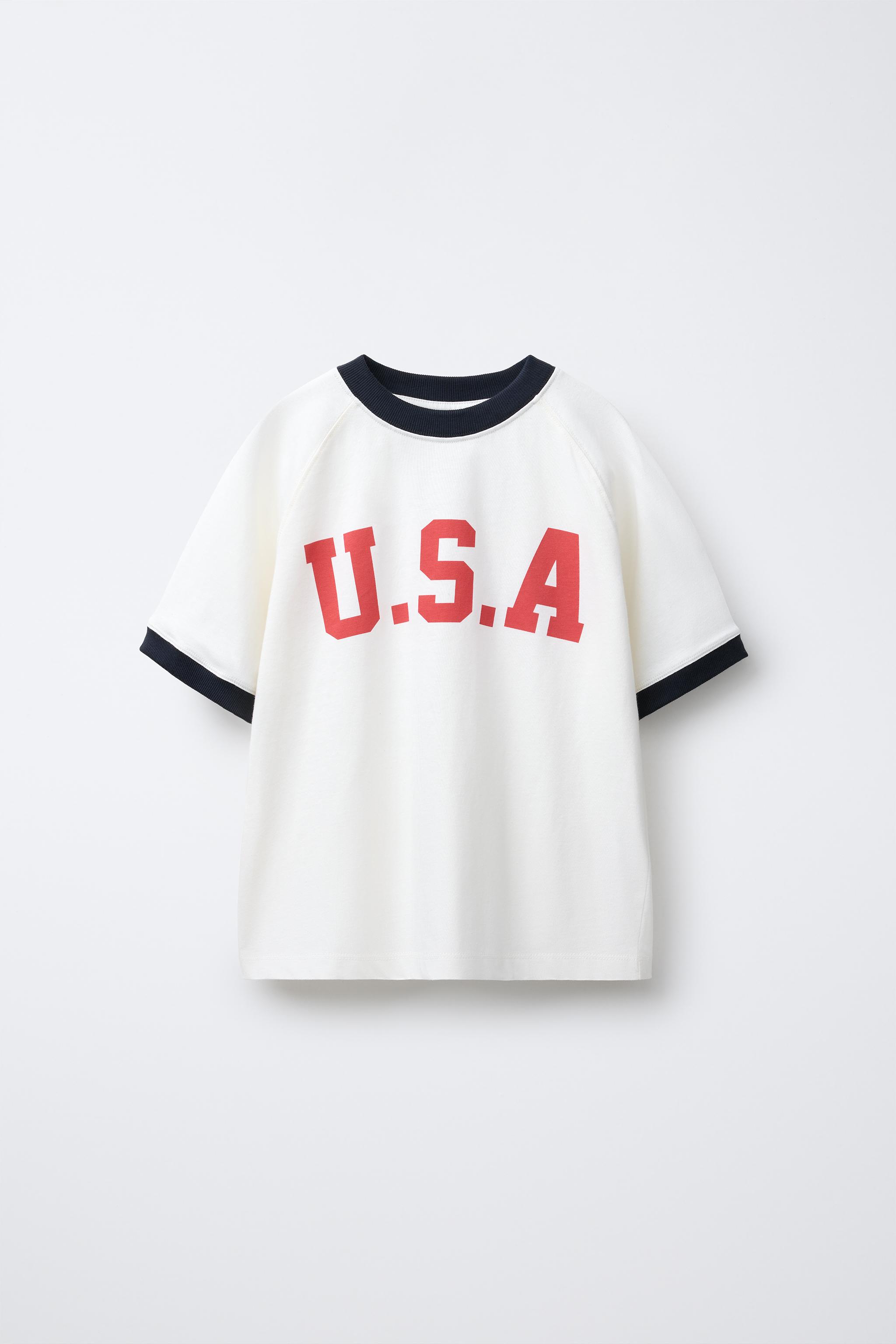 ★ドイツ発*ZARA*新作*FLAG プリントTシャツ/WT★ ヘビーウェイト テキスト刺繍Tシャツ - 空色 | ZARA Japan / 日本