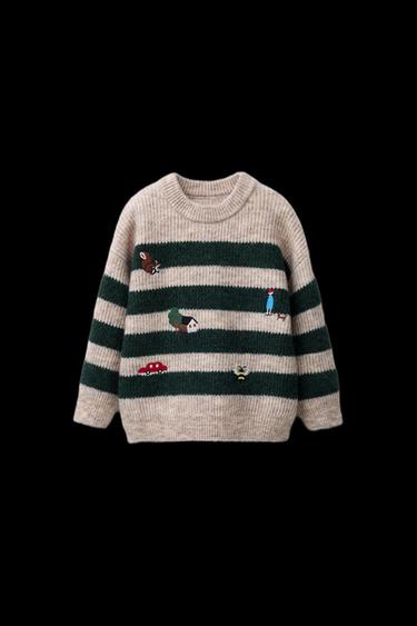 Zara STRIPED KNIT SWEATER WITH FOREST EMBROIDERY - Light beige
