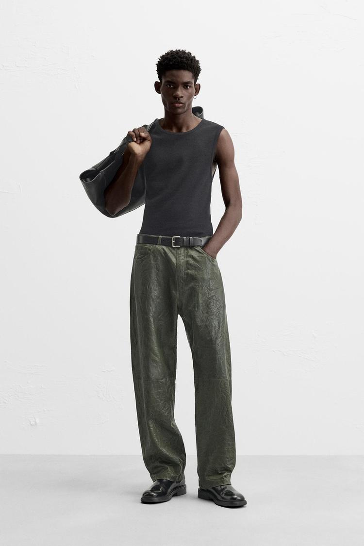 Zara Dark Green Trousers WRINKLED-EFFECT LEATHER TROUSERS Dark