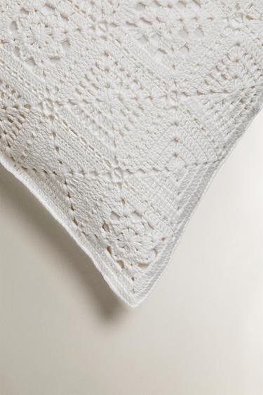 PATCHWORK CROCHET COTTON QUILTED CUSHION COVER - White by Zara - Image 1