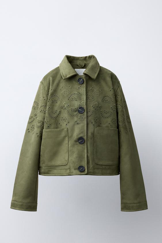 JAQUETA EFEITO SUEDE BORDADA - Caqui da Zara - Imagem 0