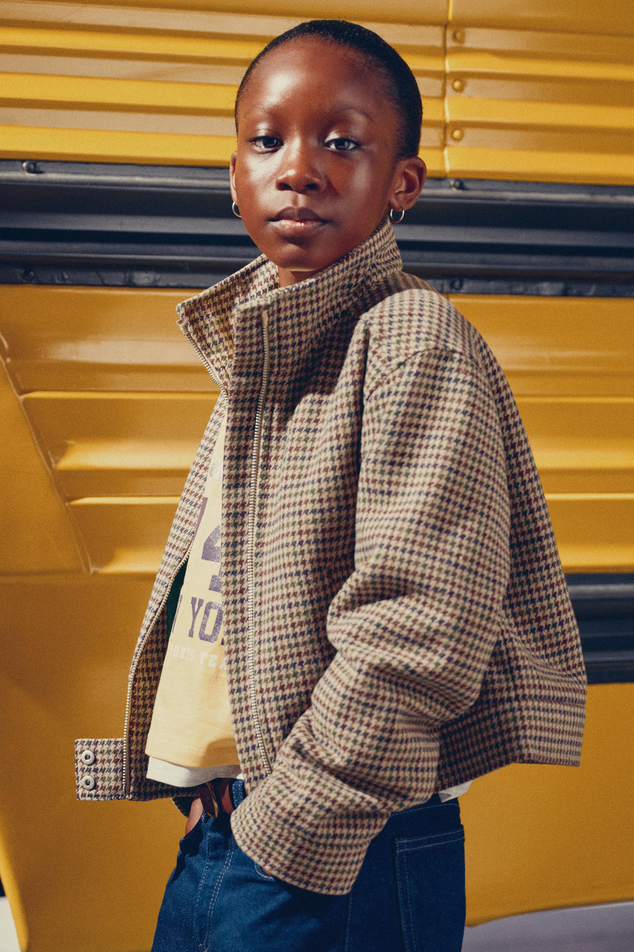 HOUNDSTOOTH PRINT JACKET — Light brown