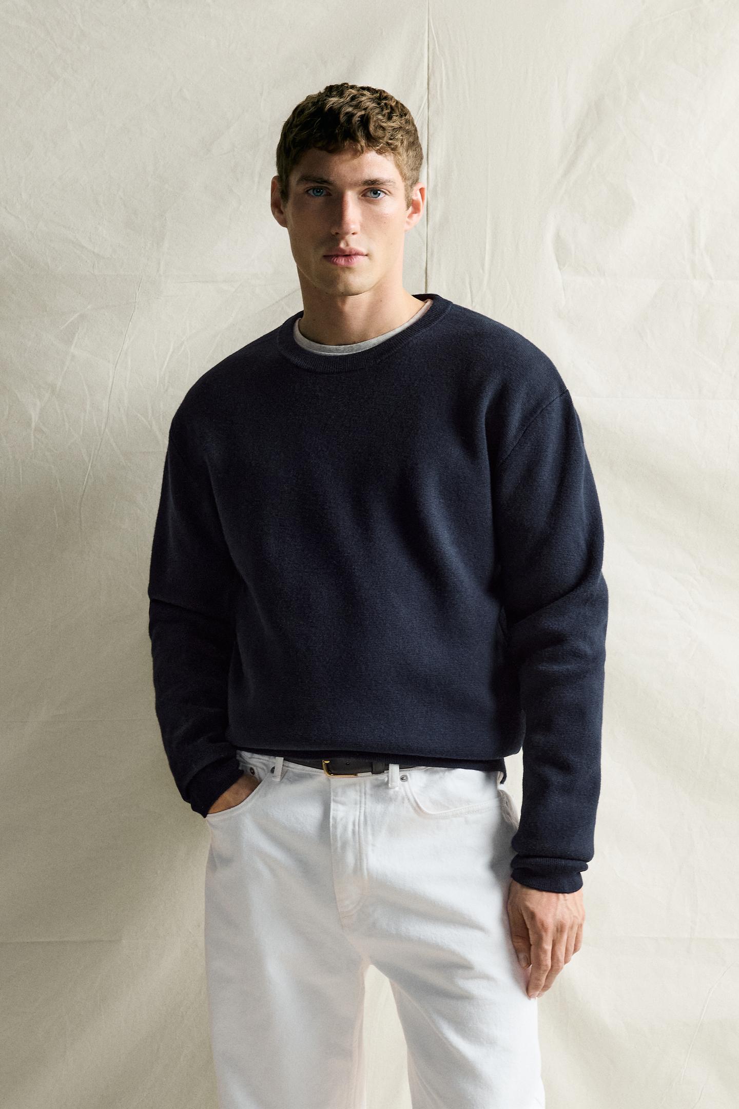 Мужской свитер Zara Cotton-Wool Compact-Knit Jumper, цвет: Тёмно-синий — фото 2