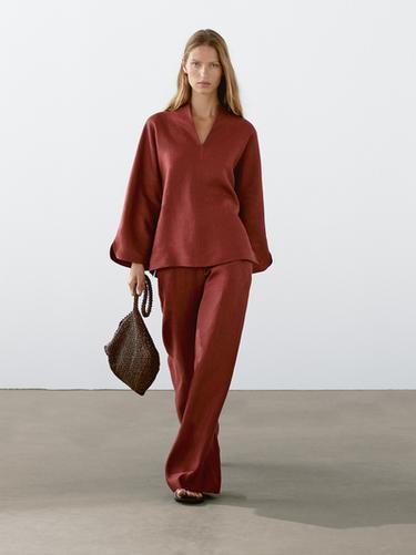 Pantalon fluide 100 % lin - Rouge foncé de Zara