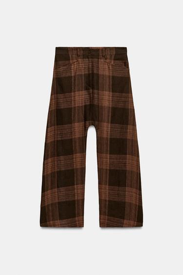 Zara ZW COLLECTION CHECKED LINEN TROUSERS - Brown