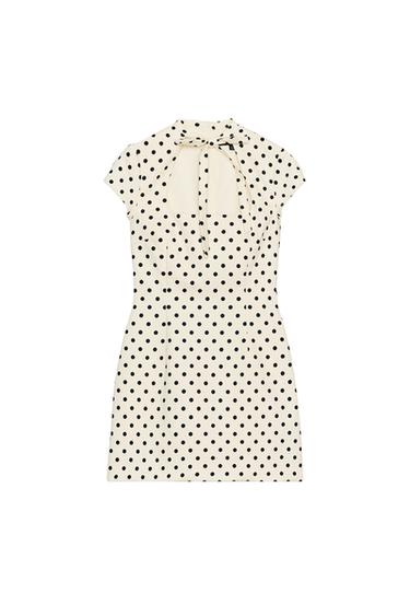 POLKA DOT SHORT DRESS WITH TIE DETAIL - Ecru / Black by Zara