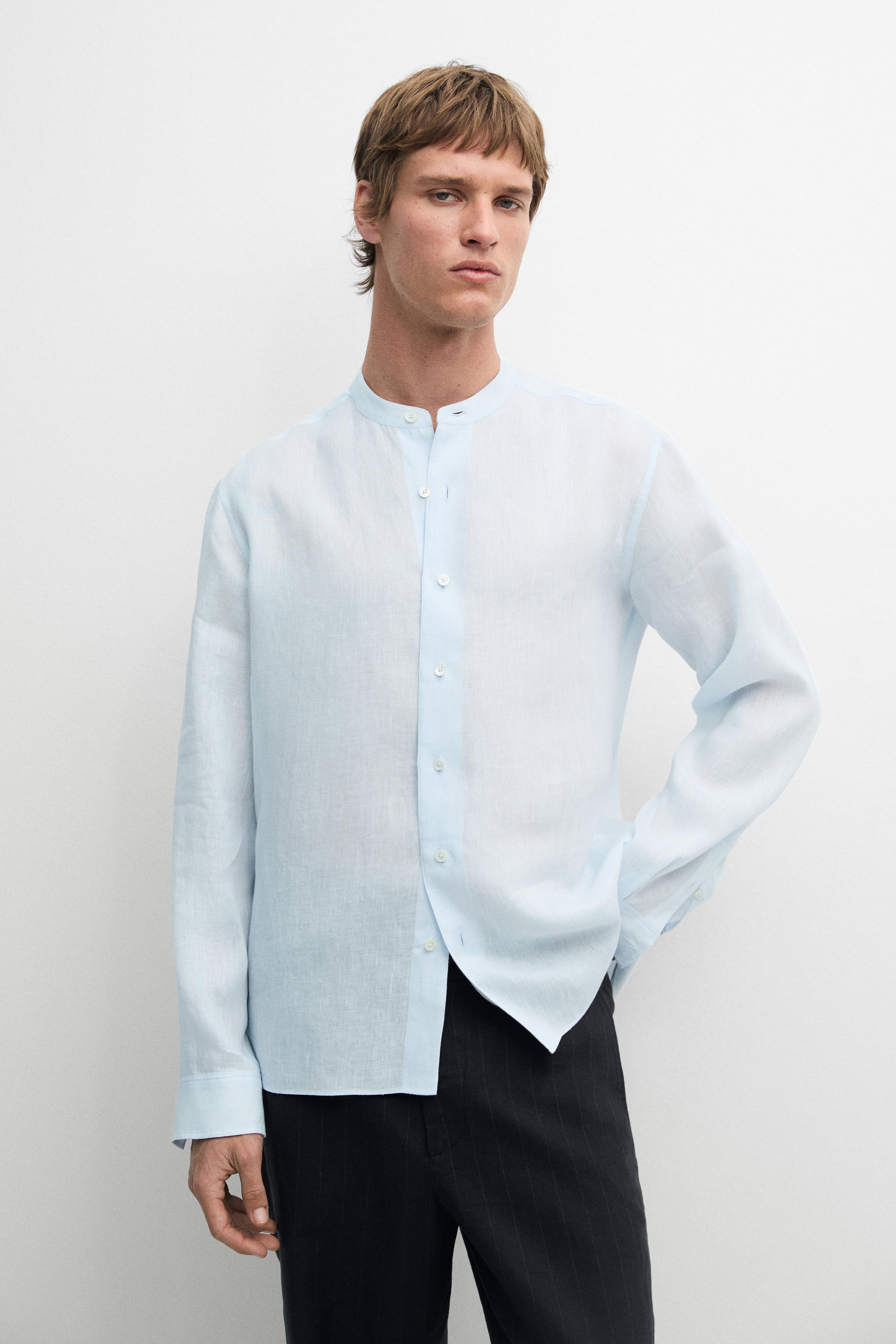100% linen regular fit stand collar shirt — Green stripe
