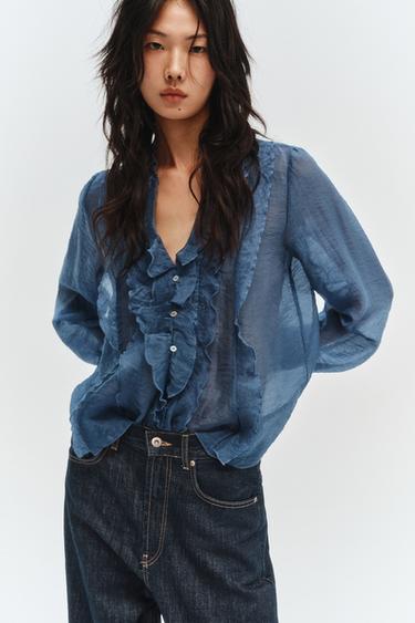 Zara 荷葉邊罩衫 - 藍色 / 灰色